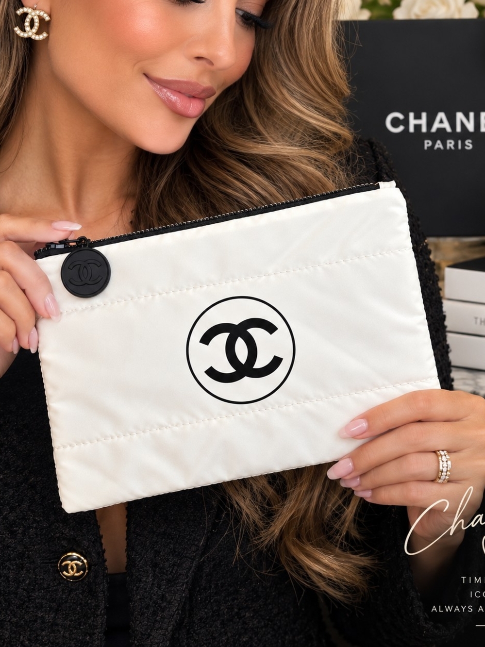 CHANEL Rare White Logo Zip Pouch Clutch | Paris | Authenticity Tags